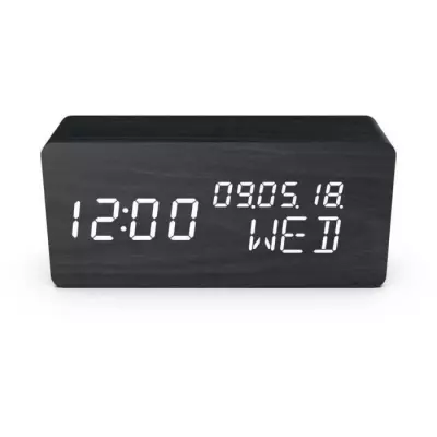 Réveil 4 en 1 - EVOOM - WOOD - Noir - Horloge, Thermometre, Calendrie