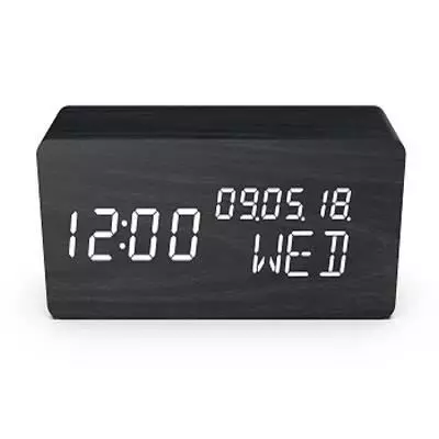 Réveil 4 en 1 - EVOOM - WOOD - Noir - Horloge, Thermometre, Calendrie