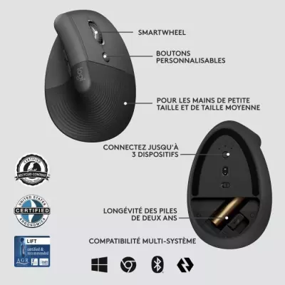 Souris ergonomique - Sans fil - Logitech - Lift for business - Silenci