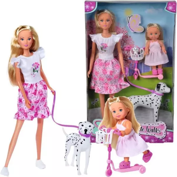 Steffi Love poupée dalmatien + Evi Love - 2 poupées 29 et 12 cm - 2 Figurines Dalmatien - Trotinette Evi - Des 3 ans