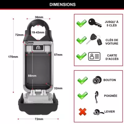 Boite a clés sécurisée - MASTER LOCK - Boutons Poussoirs - Avec Ans