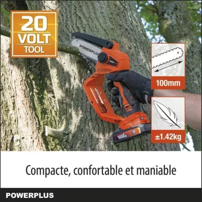 Dual Power Tronçonneuse a Batterie POWDPG7572, 20 V, Guide de 100 mm