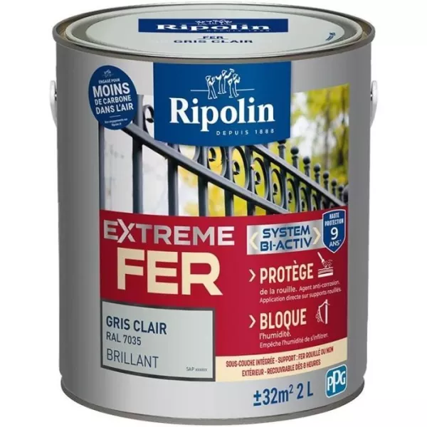 Peinture fer - RIPOLIN - 396709 - Gris clair - Brillant - 2 L