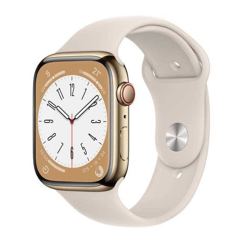 Apple Watch Series 8 GPS + Cellular - 45mm - Boîtier Gold Stainless Steel - Bracelet Starlight Sport Band - RegularWS8CELL45GSTp