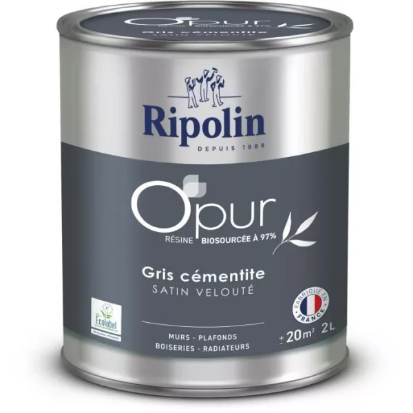 Peinture O'PUR murs, boiseries & radiateurs - RIPOLIN - 472185 - Gris cementite - Satin veloute - 2 L