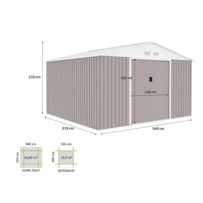 Abri de jardin en métal 10,85 m² - Kit d'ancrage inclus