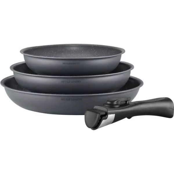 Batterie de cuisine ARTHUR MARTIN AM521GM Set de 3 poeles - Gris Mat 20-24-28 cm + 1 poignée amovible - Tous feux dont inductio