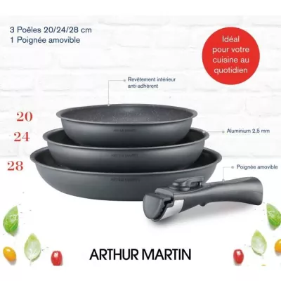 Ensemble de Poêles ARTHUR MARTIN 20-24-28 cm Gris Mat - Compatible Induction