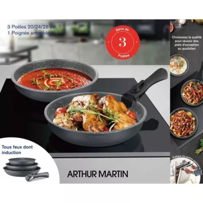 Ensemble de Poêles ARTHUR MARTIN 20-24-28 cm Gris Mat - Compatible Induction