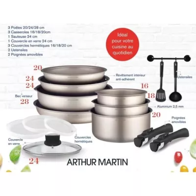 Batterie de cuisine Arthur Martin AM133CH 15 pièces - Aluminium - Poignée amovible - Induction - Compact