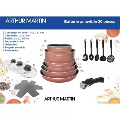 Ensemble cuisine 20 pièces Arthur Martin - aluminium - poignée amovible - induction