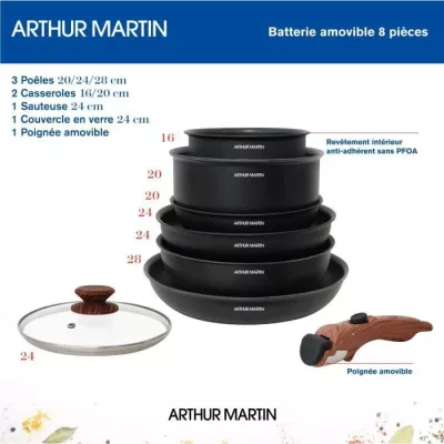 Batterie de cuisine 8 pièces ARTHUR MARTIN - Aluminium avec poignée en bois