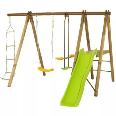 Station de jeux bois poutre métal 1,90 m, 5 enfants, Techwood Premium