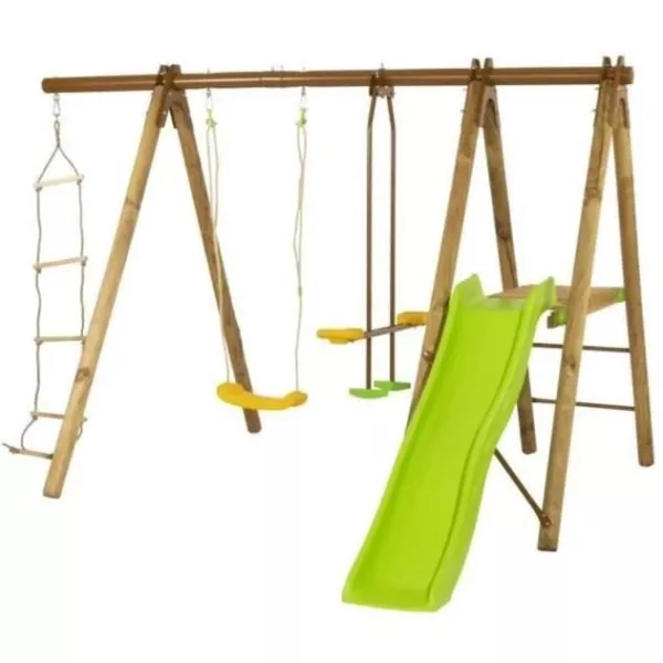 Station de jeux bois poutre métal 1,90 m, 5 enfants, Techwood Premium OREKA