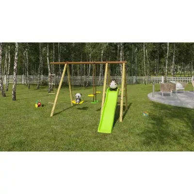 Station de jeux bois poutre métal 1,90 m, 5 enfants, Techwood Premium