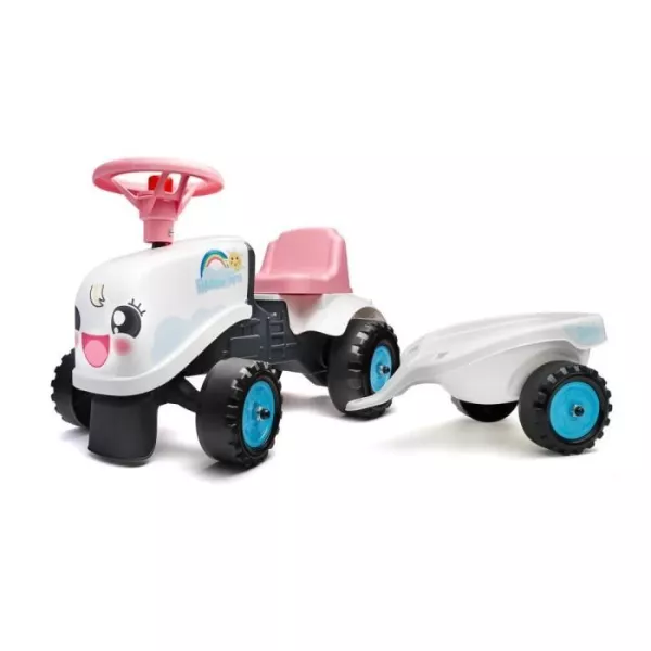 Porteur Tracteur Rainbow Farm avec remorque - FALK - Pour filles des 1 an - Formes rondes et couleurs pastels