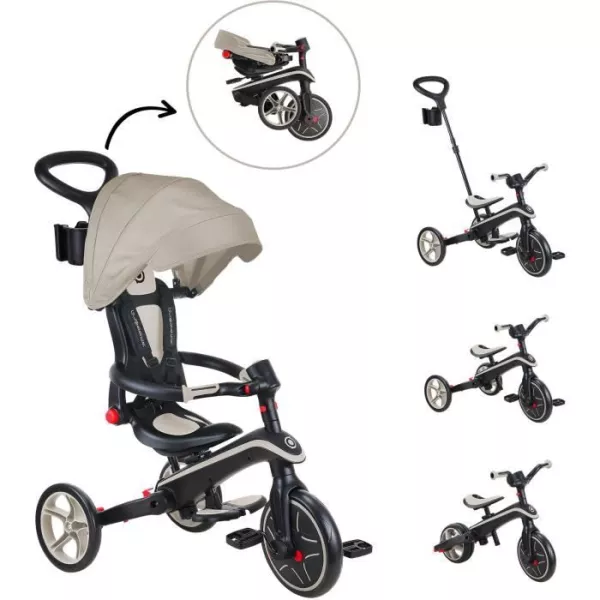 Evolved tricycle EXPLORER 4 IN 1 PLIABLE - GLOBBER - Taupe - Draisienne - from 10 months to 5 years - Mounting without tools