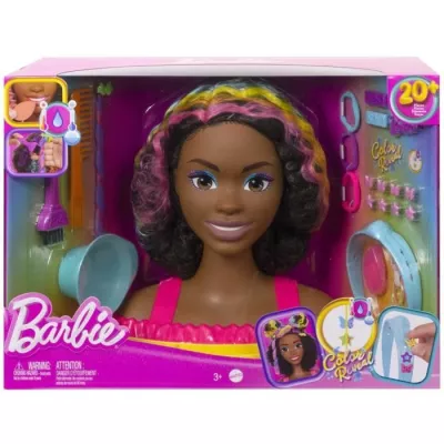 Barbie-Ultra Chevelure-Tete a Coiffer brune frisée meches arc-en-ciel