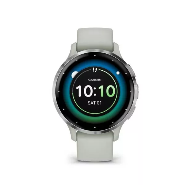 Montre GPS connectée - GARMIN - Venu 3S - 30,4mm (1,2) - Acier Silver, boîtier vert sauge et bracelet en silicone vert sauge