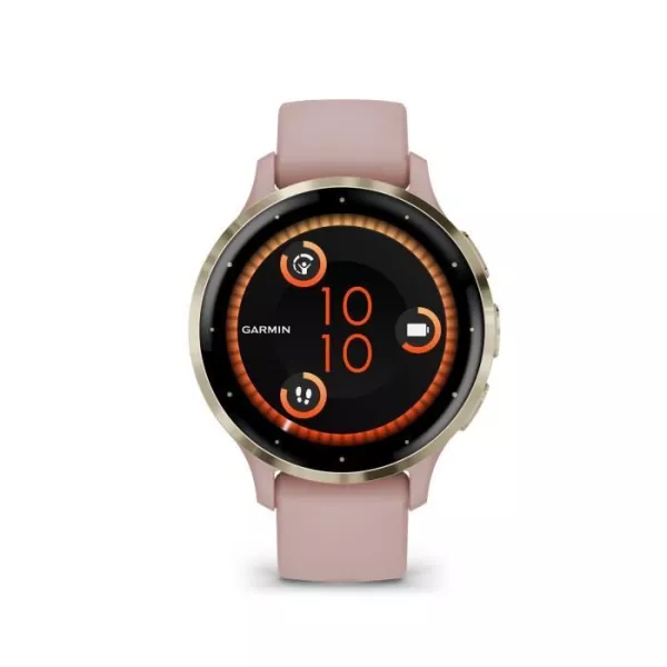 Montre GPS connectée - GARMIN - Venu 3S - 30,4mm (1,2) - Acier Soft Gold, boîtier rose et bracelet en silicone rose