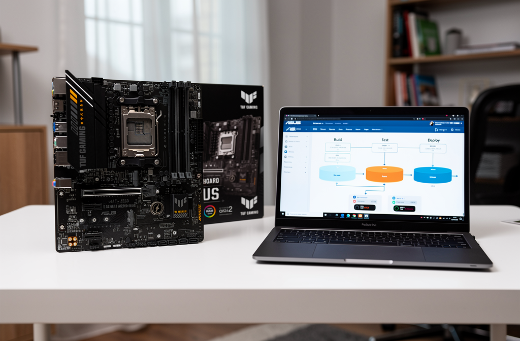 Carte mère ASUS TUF Gaming A620M-PLUS posée sur un bureau avec son boîtier, dans un environnement de travail tech moderne.