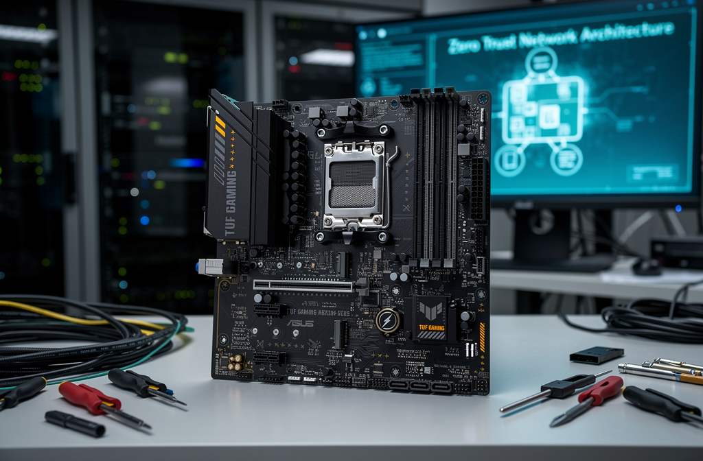 Carte mère ASUS TUF Gaming posée sur un bureau technique avec un écran affichant une architecture réseau Zero Trust en arrière-plan.