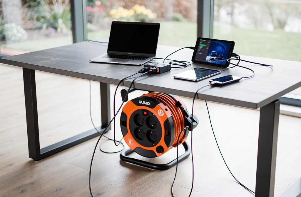 Enrouleur électrique QUARX orange sous un bureau moderne gérant l'alimentation de plusieurs appareils connectés