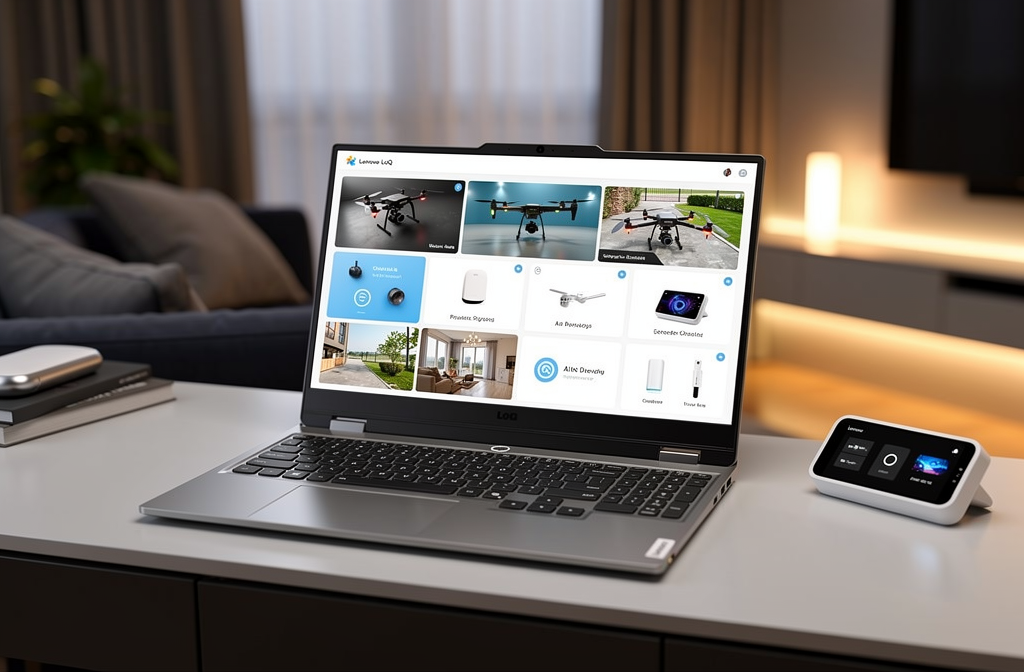 Ordinateur portable Lenovo LoQ contrôlant un système domotique intelligent dans un salon moderne.
