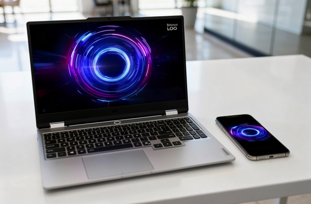 Ordinateur portable ouvert sur un bureau avec un smartphone à côté illustrant l'intégration de l'écosystème.