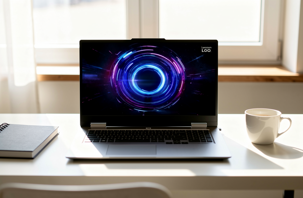 Ordinateur portable ouvert sur un bureau affichant des graphiques bleus dynamiques