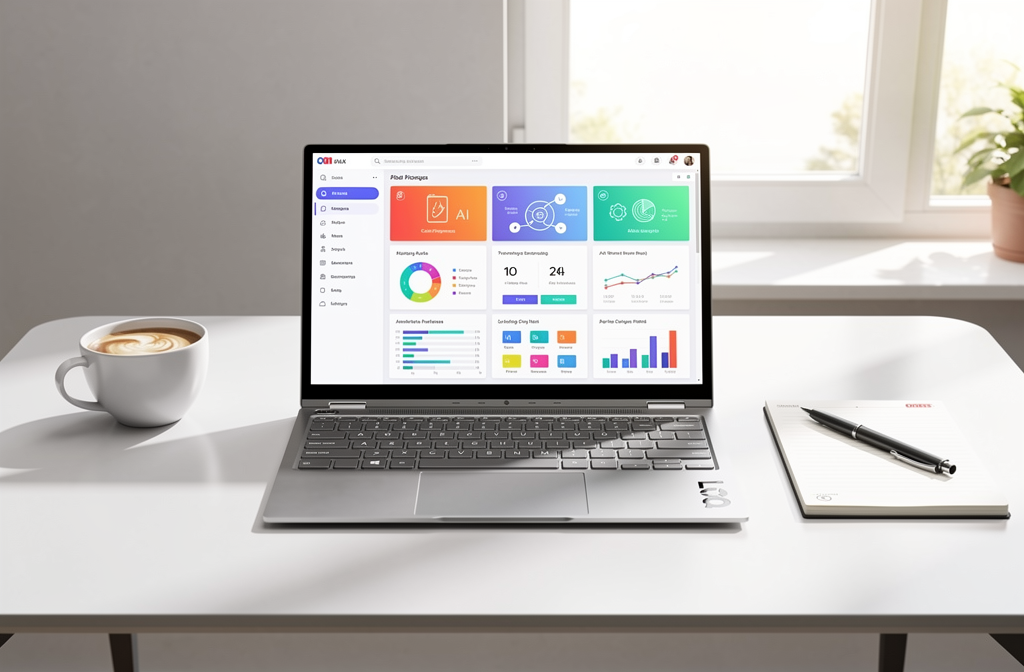Ordinateur portable convertible ouvert sur un bureau moderne affichant des outils de productivité.