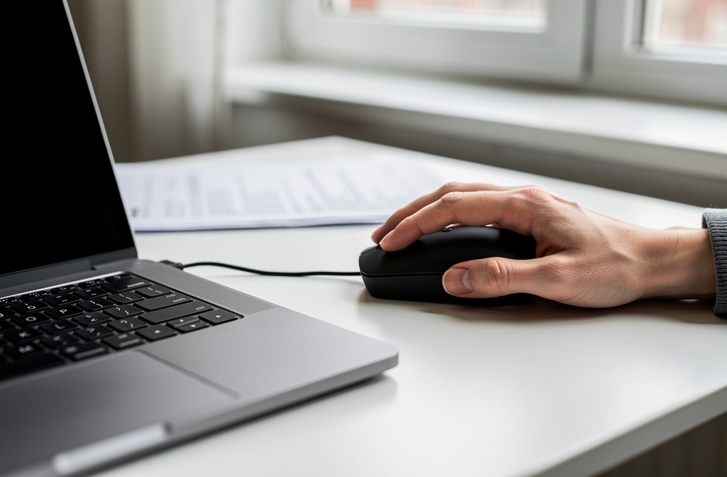 Souris sans fil ergonomique utilisée sur un bureau moderne