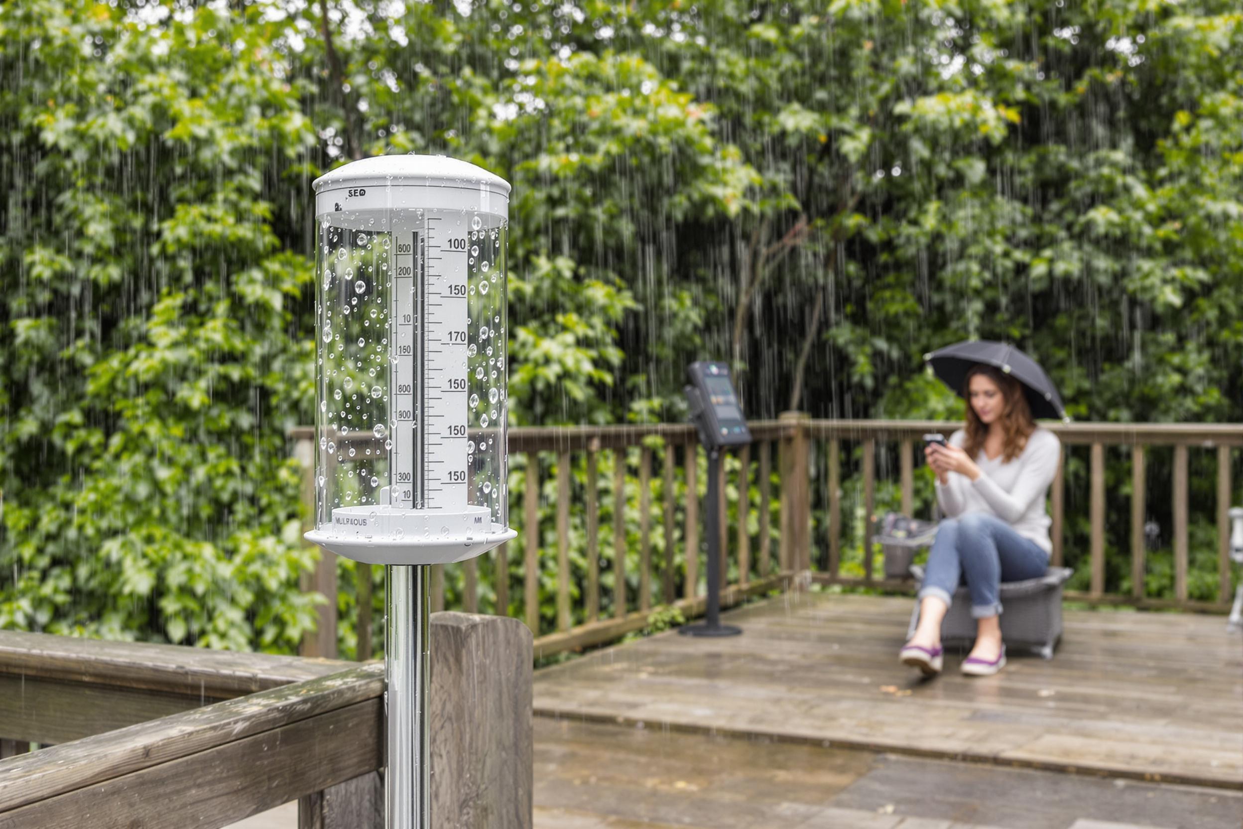 station météo connectée avec pluviomètre sur terrasse lors d'une averse