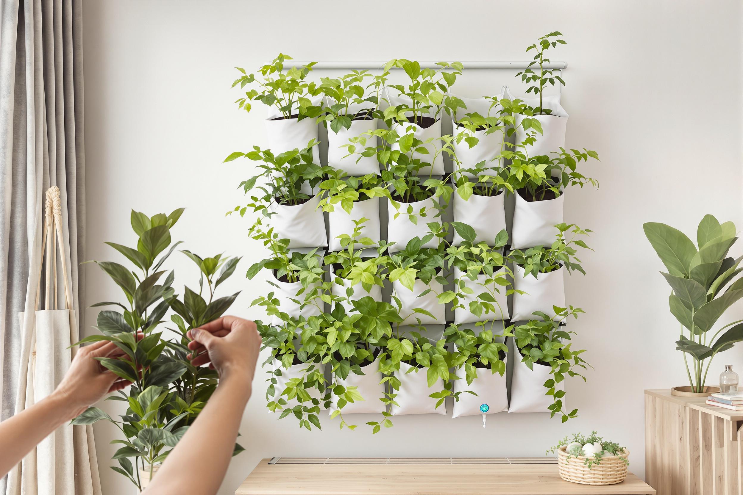 Entretien fleurs, sacs feutre et arrosage automatique mur végétal intérieur