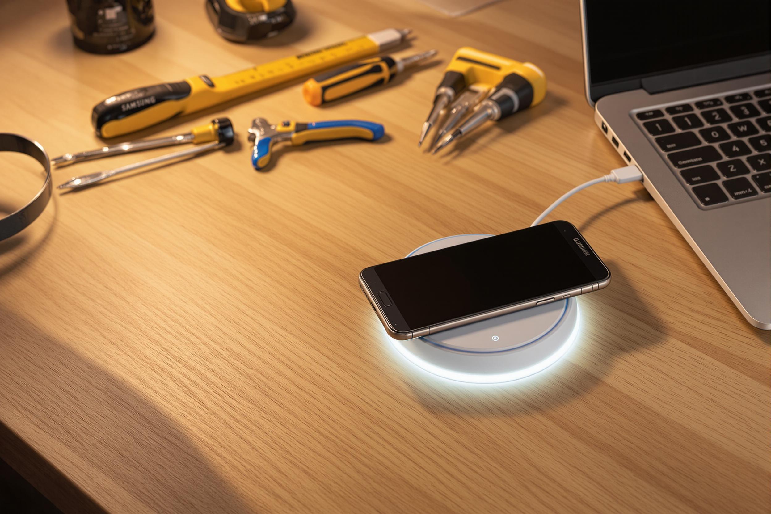 Chargeur sans fil Samsung posé sur un bureau moderne