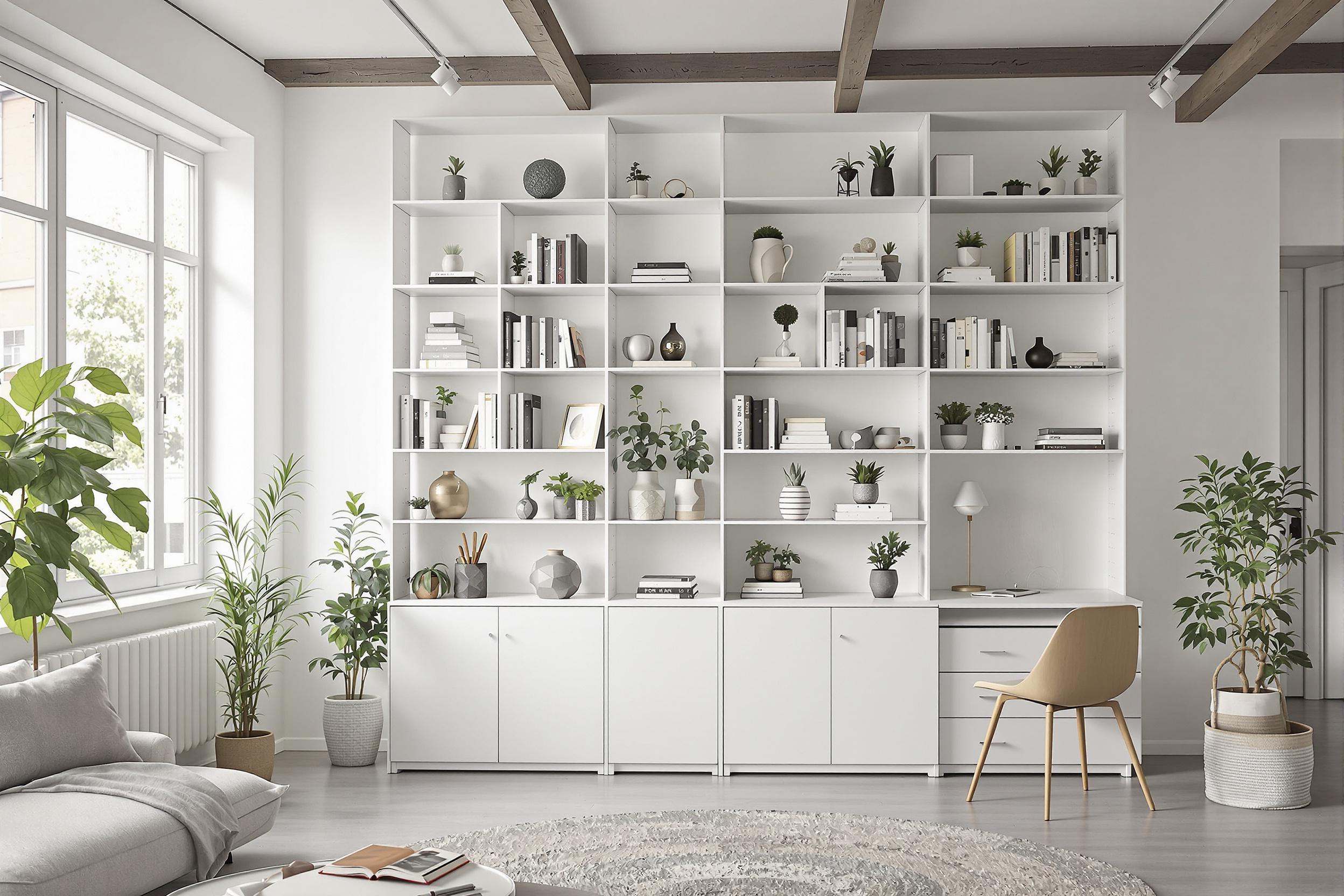 Espace avec étagères murales et armoire modulable