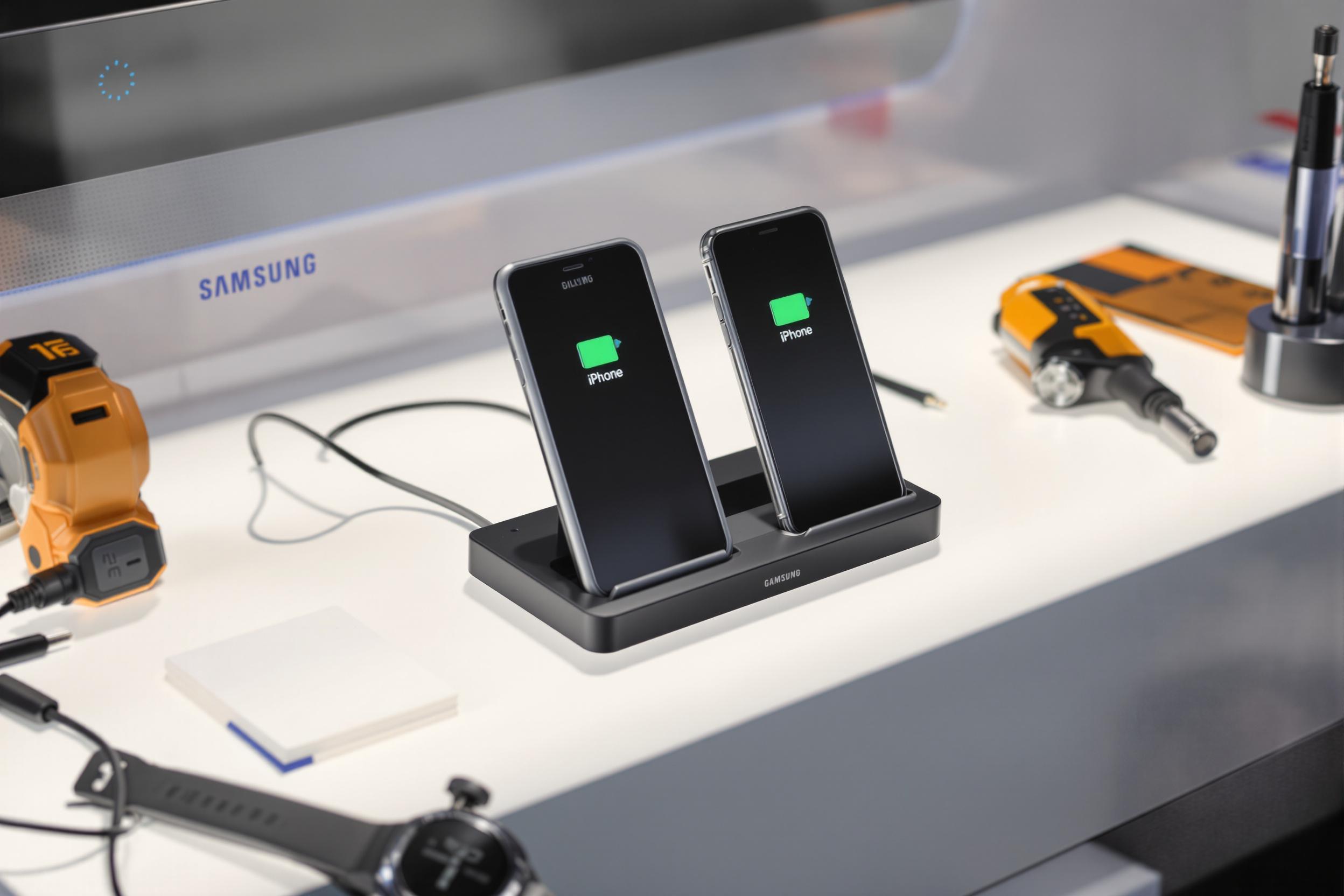 Station de charge sans fil Samsung multi-appareils posée sur une table d'atelier