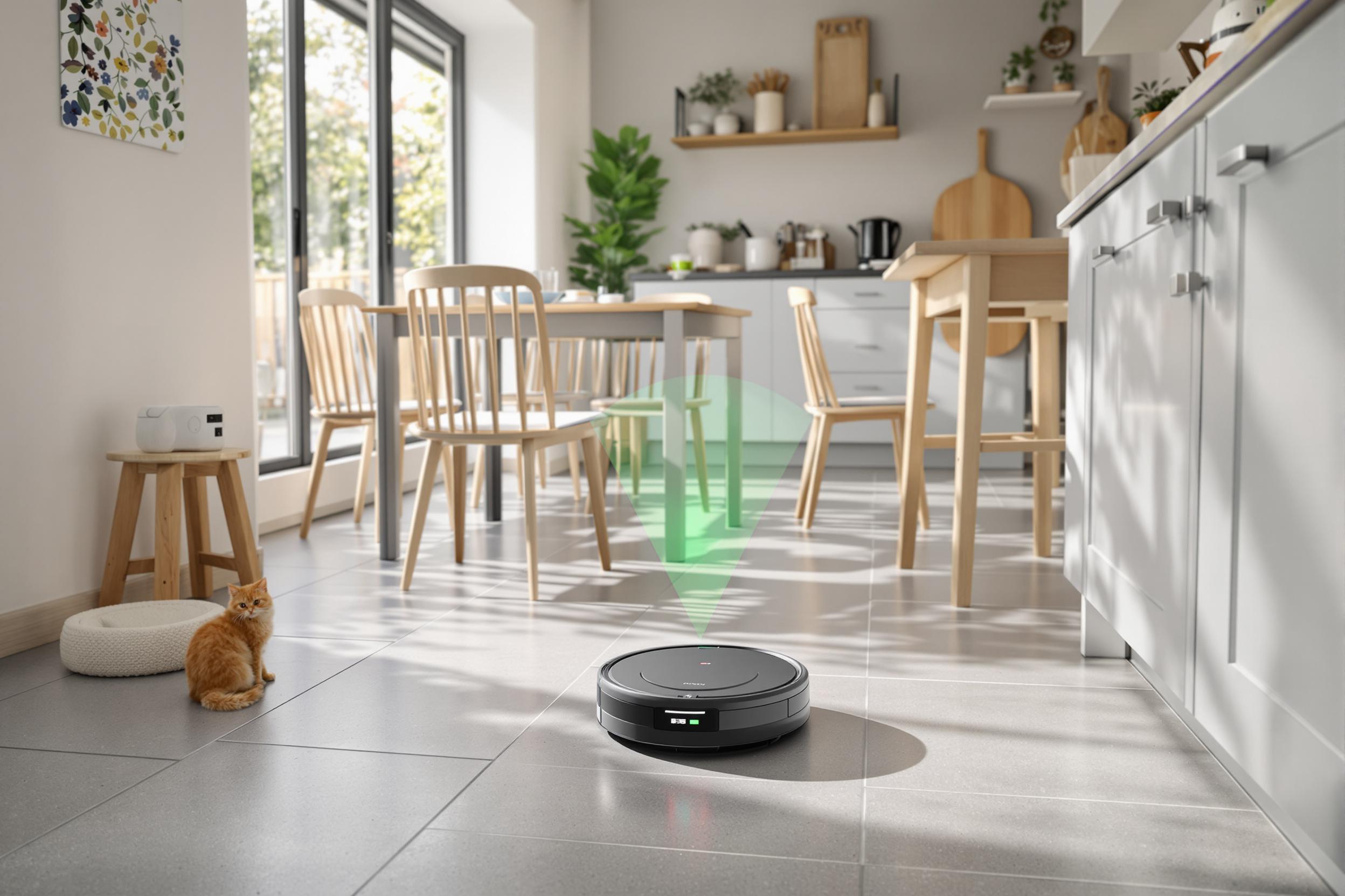Un robot aspirateur laveur opérant discrètement dans une cuisine moderne