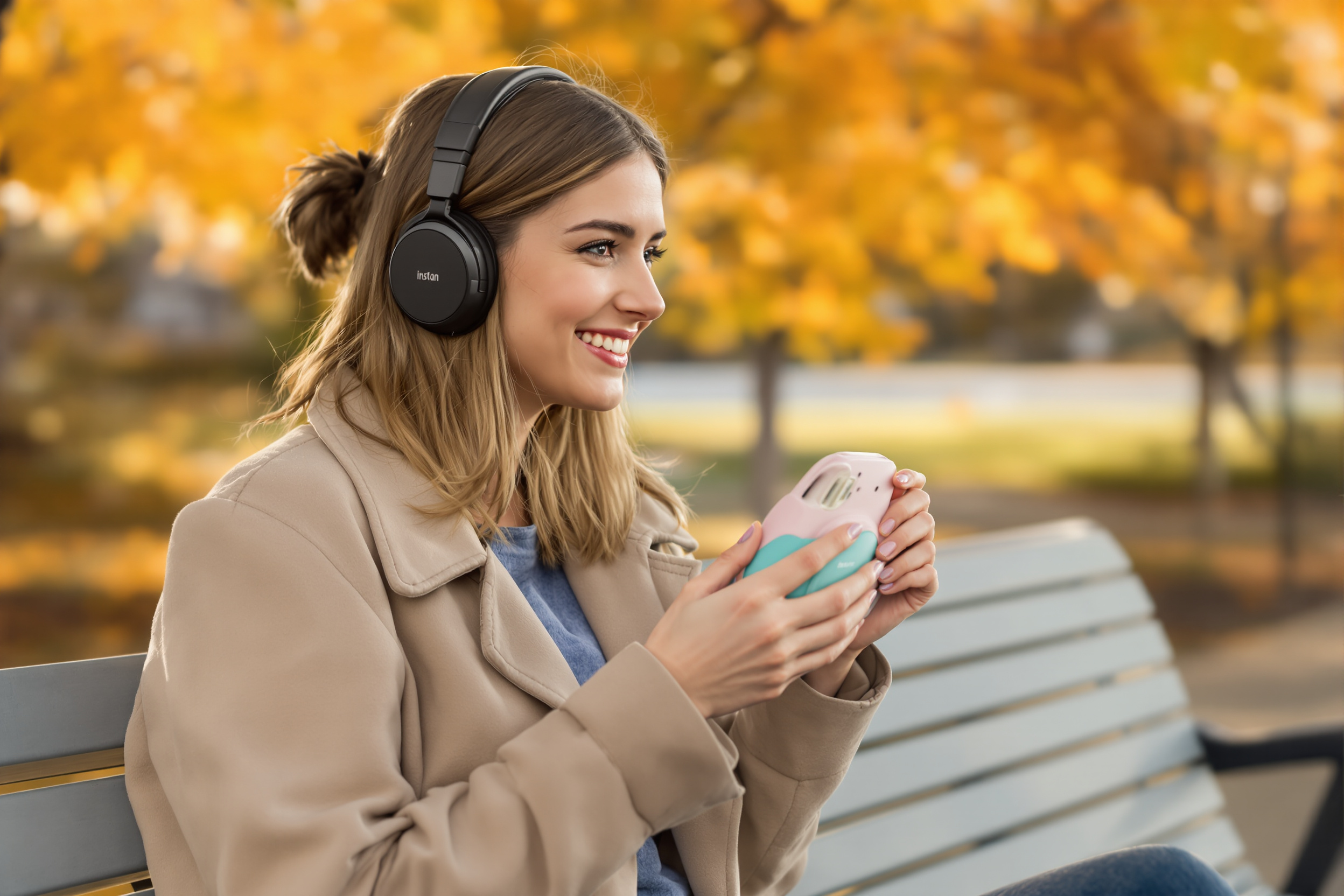 Jeune femme utilisant des accessoires audio et photo nomades