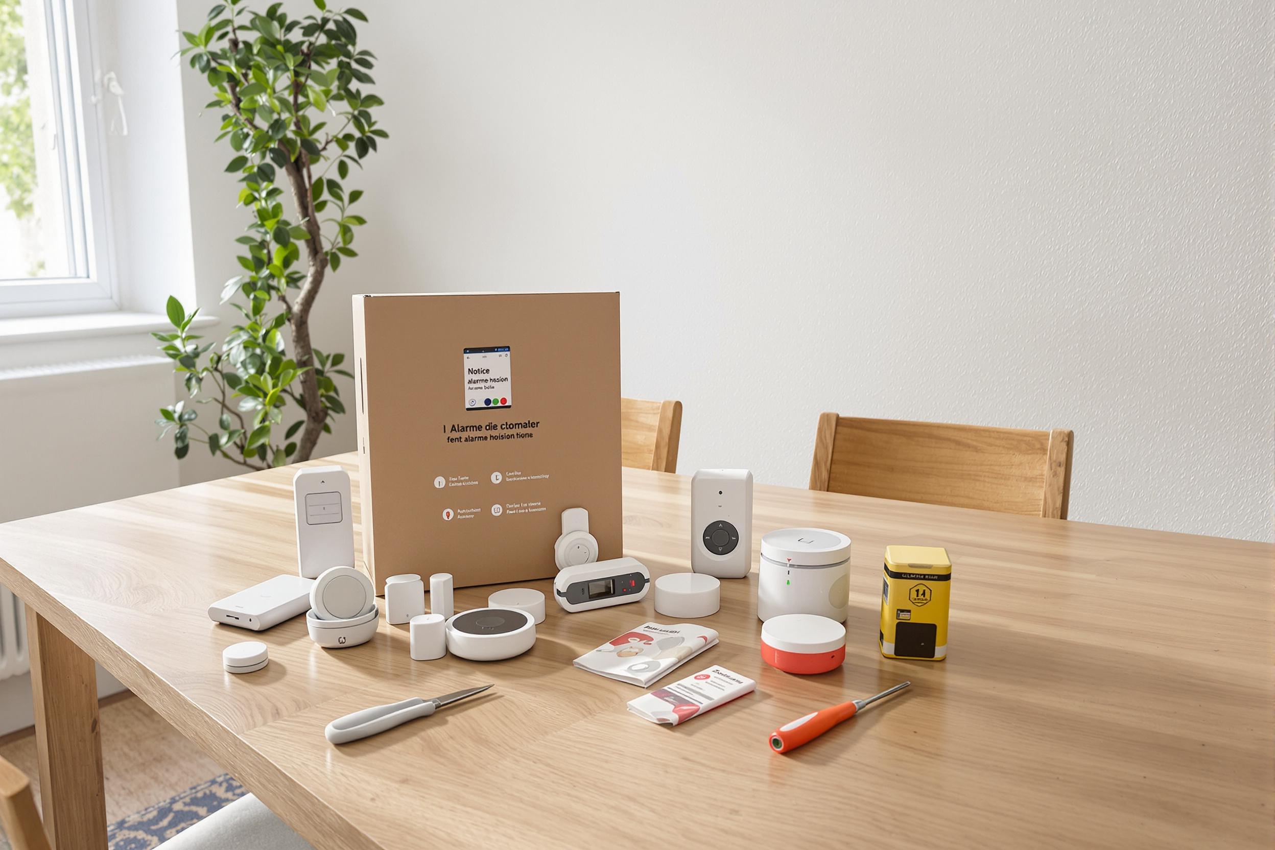 Kit alarme complet prêt à être installé sur une table de salle à manger
