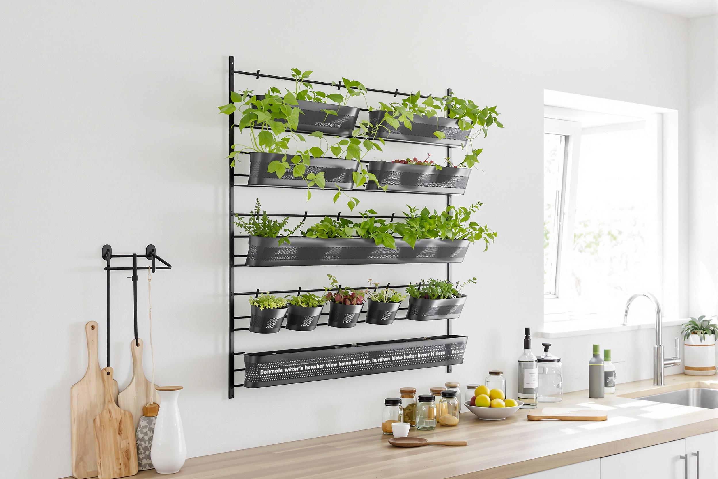 Jardinière verticale et supports sur mur de cuisine moderne