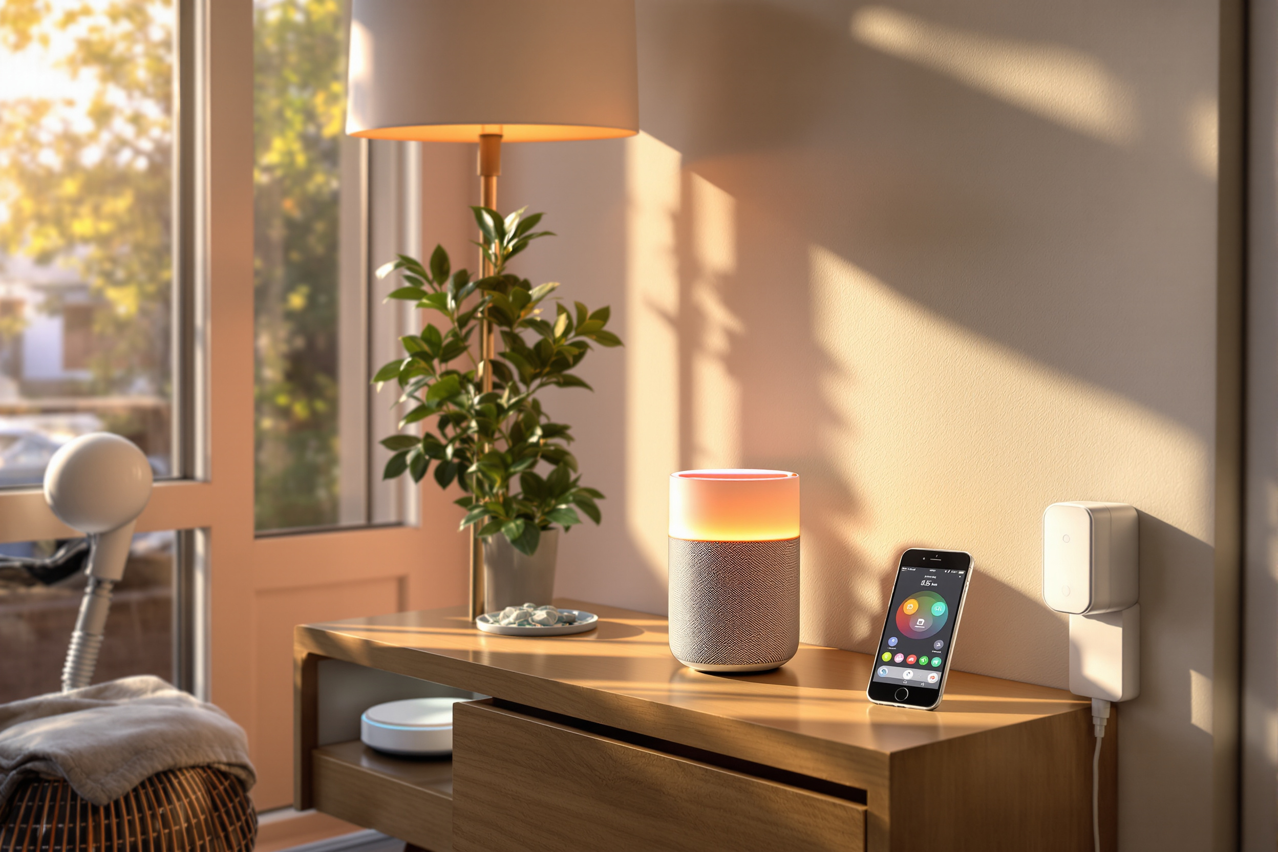 Salon moderne équipé d'objets connectés pour la maison